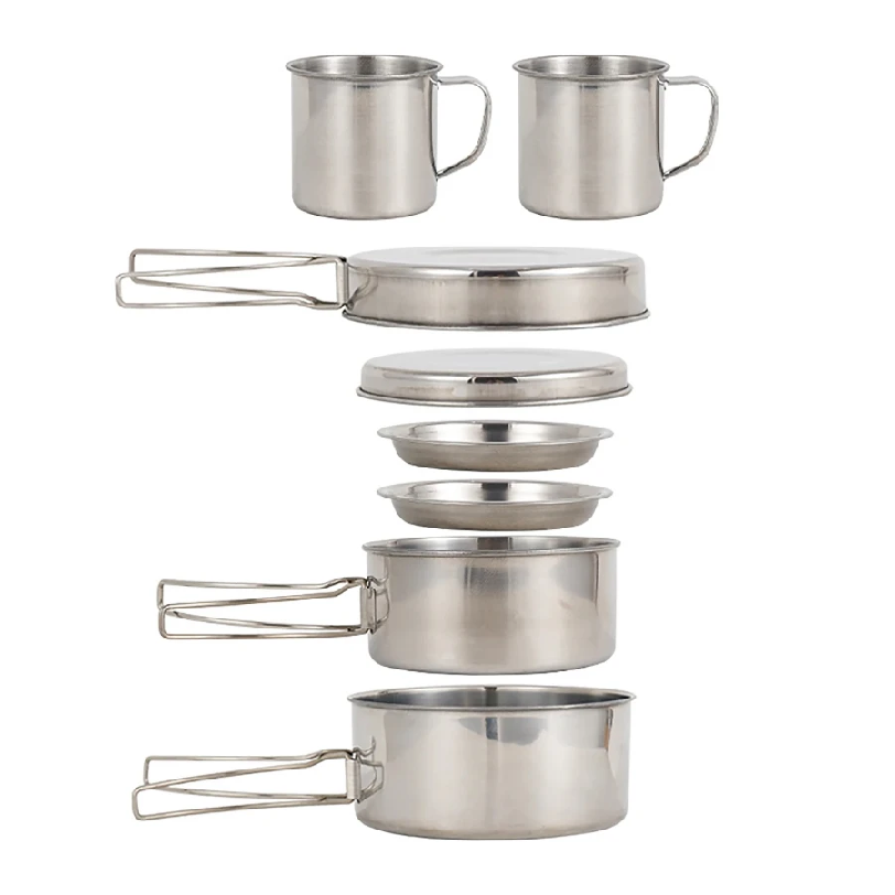 Camping Cooking Set Stainless Steel - 8-teiliges Camping-Kochgeschirr-Set aus Edelstahl mit Töpfen,
