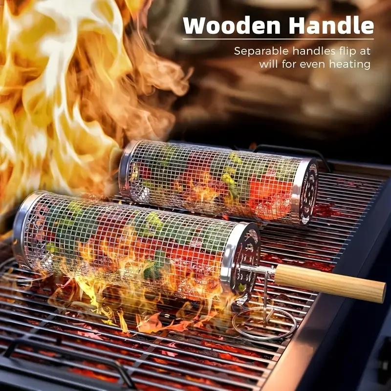Camping Cooking Area - Edelstahl BBQ-Grillkorb, Runder Rollender Zylinderkäfig, Drahtgeflecht