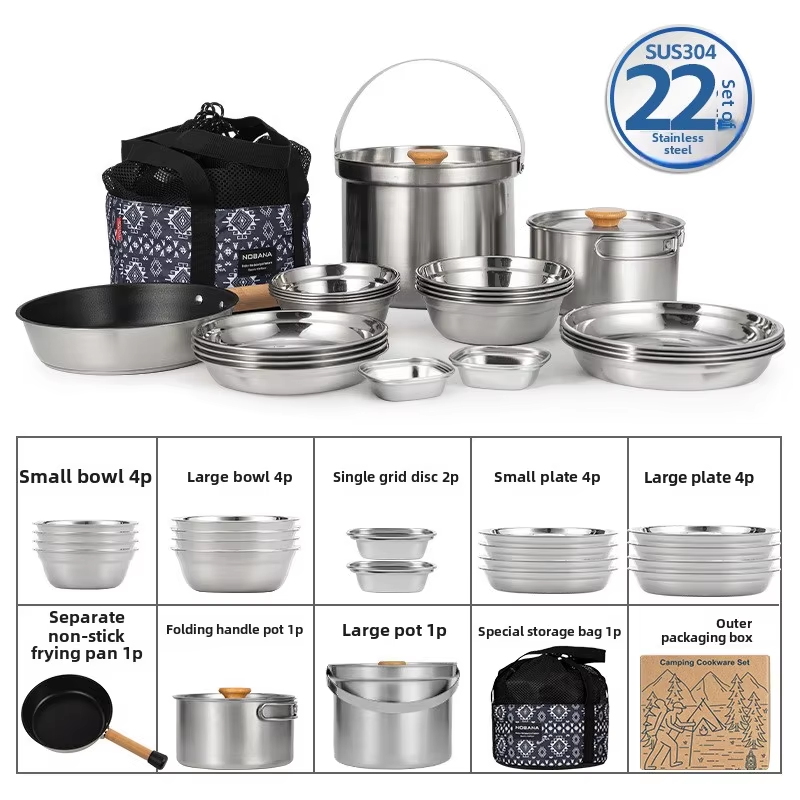 Camping Cooking Set Stainless Steel - NOBANA Neueste Outdoor Edelstahl Topf Set