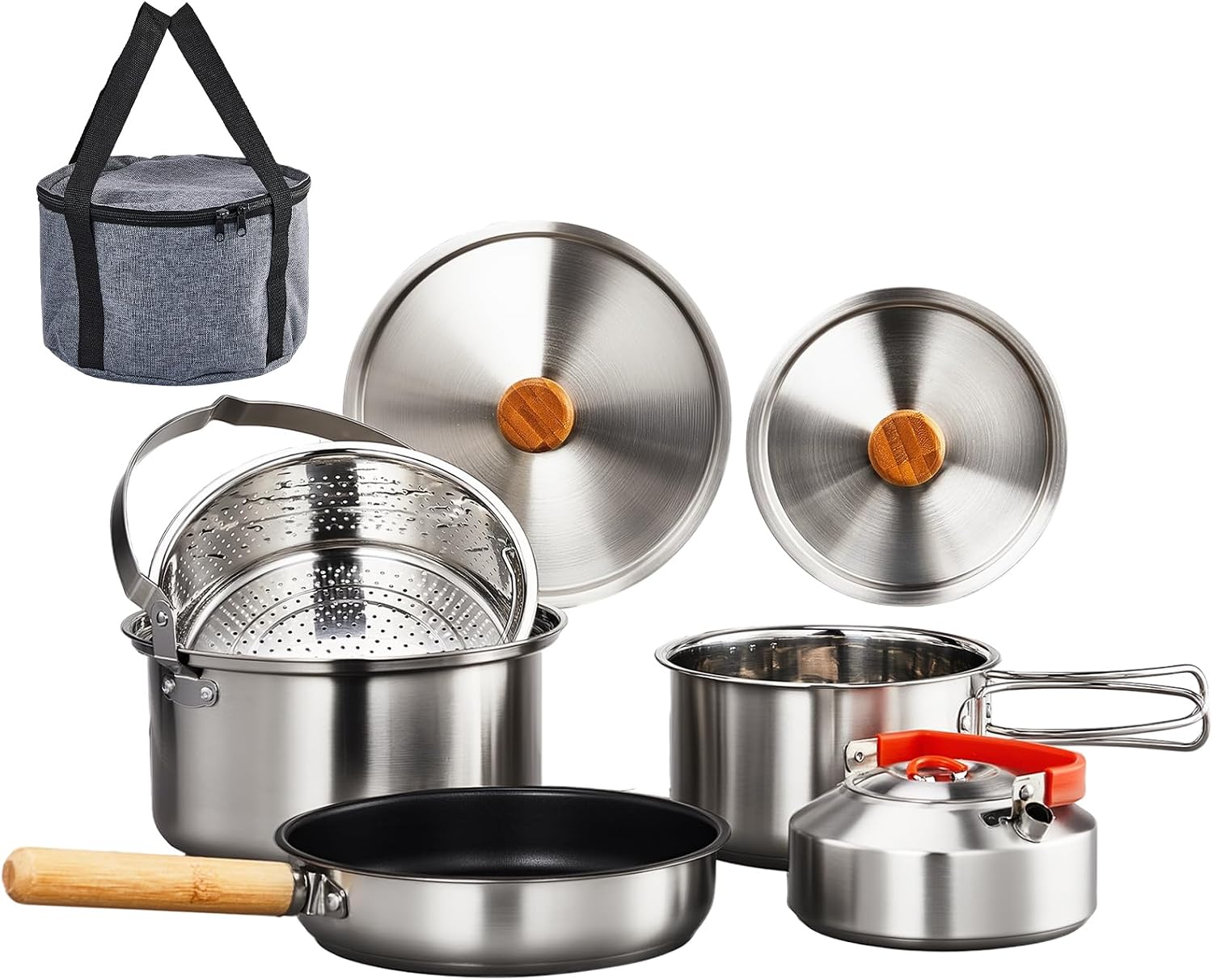 Camping Cooking Set Stainless Steel - 6-teiliges Kochgeschirr-Set, leichter Antihaft-Topf aus 304