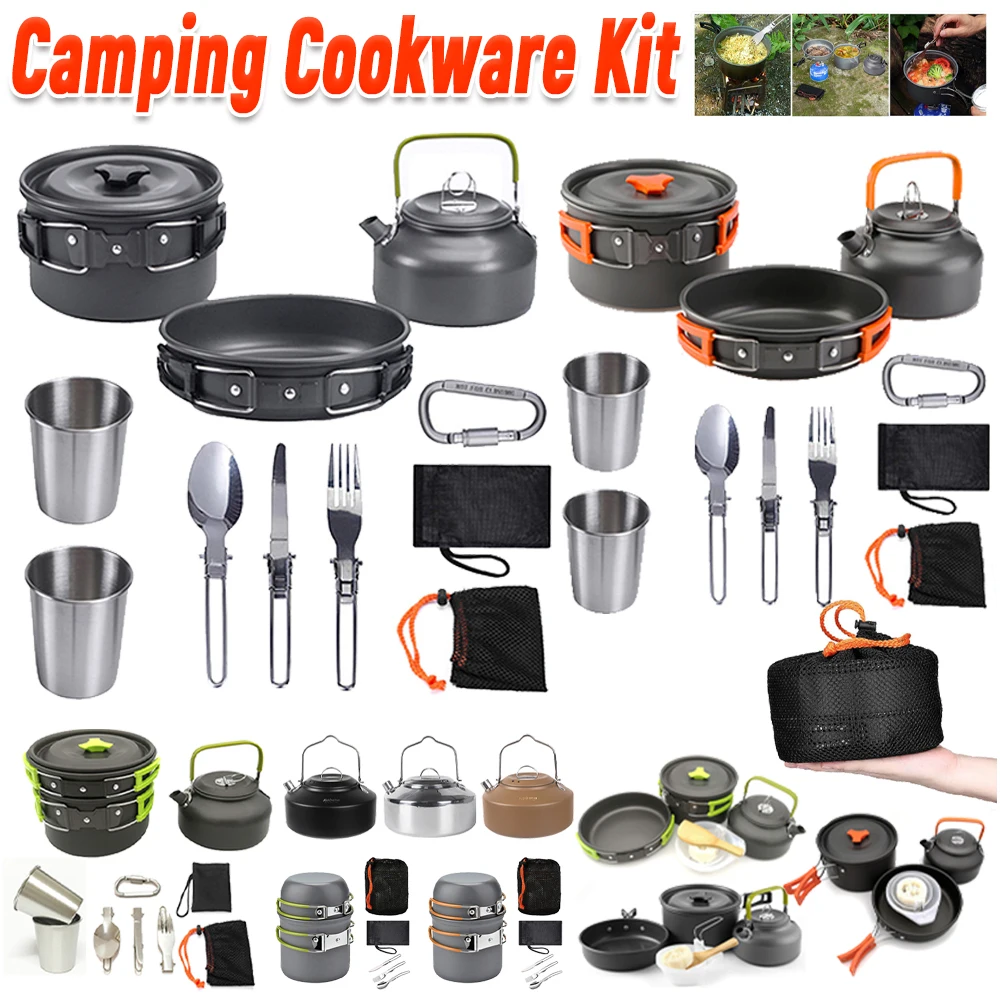 Camping Cooking Set Stainless Steel - Camping-Kochgeschirr-Set, Wasserkocher, Topf, Pfanne, Kochset, tragbar,