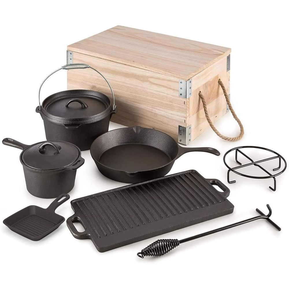 Vintage Camping Cooking Set - 8-teiliges Vorgefertigtes Gusseisen-Kochgeschirr-Set für Camping und